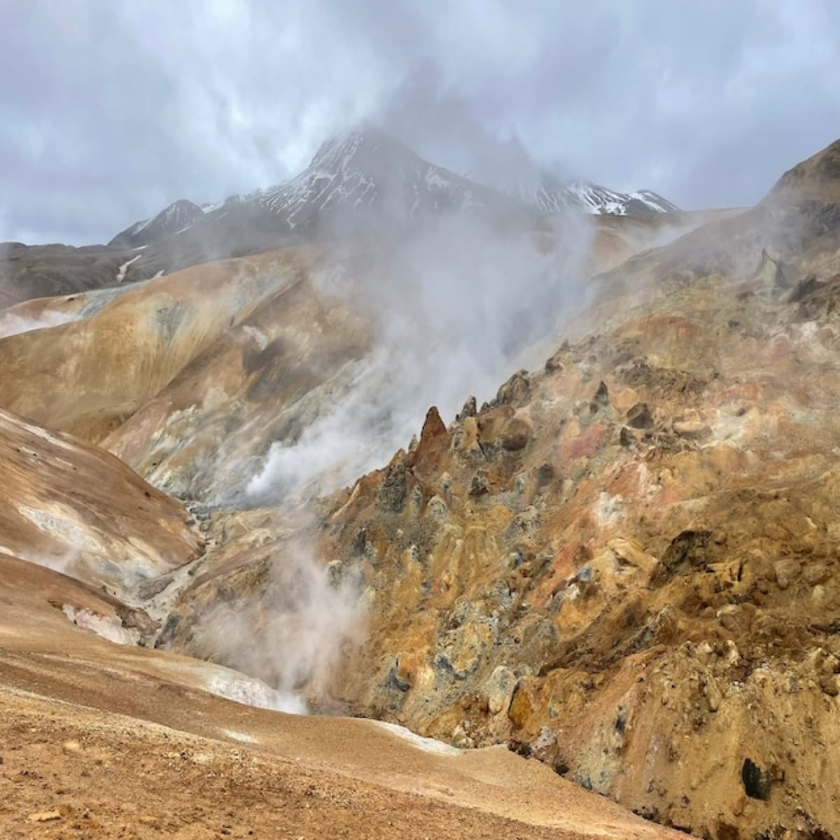 Steaming geothermal slopes among rhyolite mountains in the Icelandic highlands