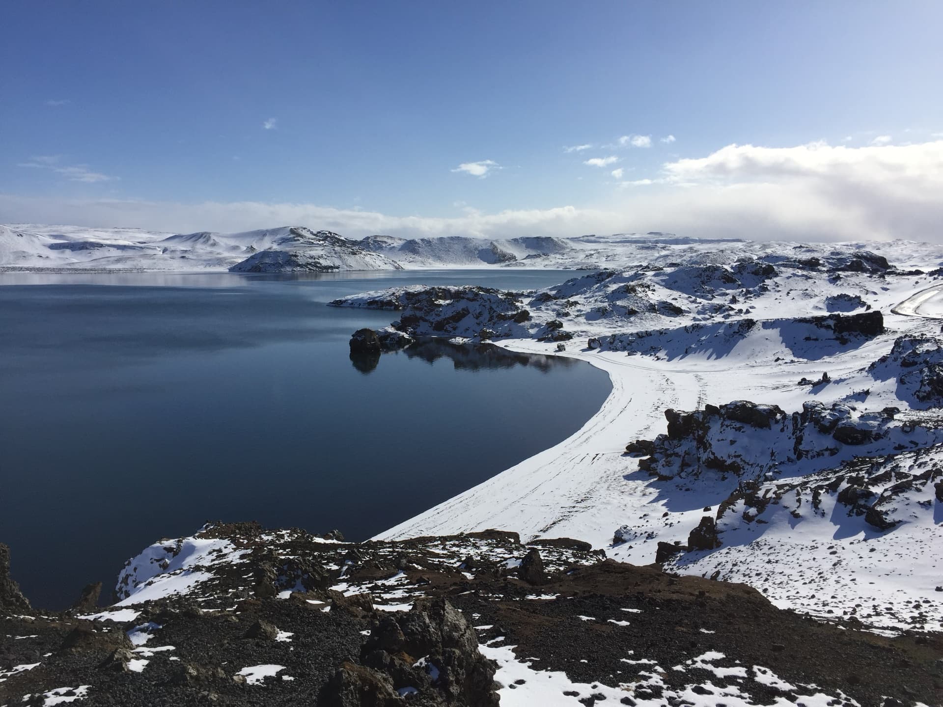 Lake Kleifarvatn surrounded by snow-covered hills on the Reykjanes peninsula